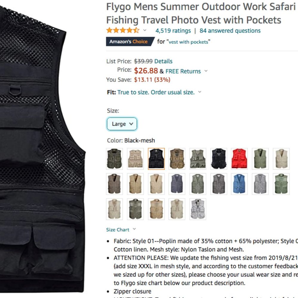 Flygo Men's Safari Fishing/Photo Vest w Pockets
